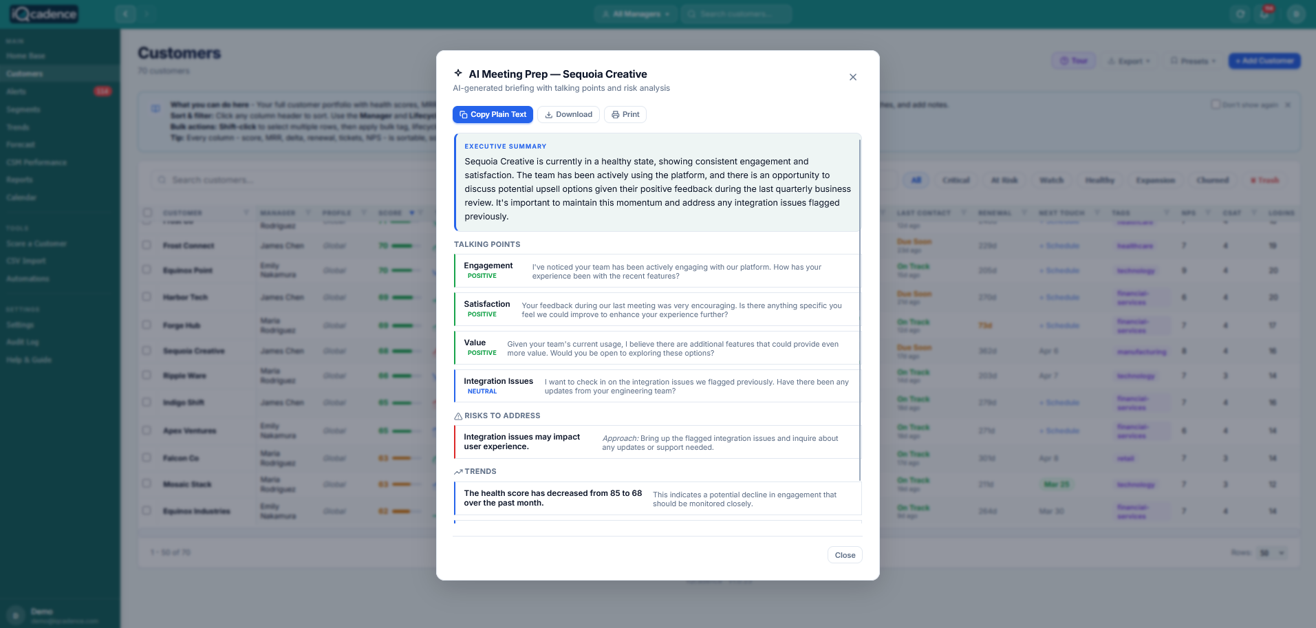 iQcadence AI Meeting Prep - AI-generated summary, risks, and talking points for every customer meeting