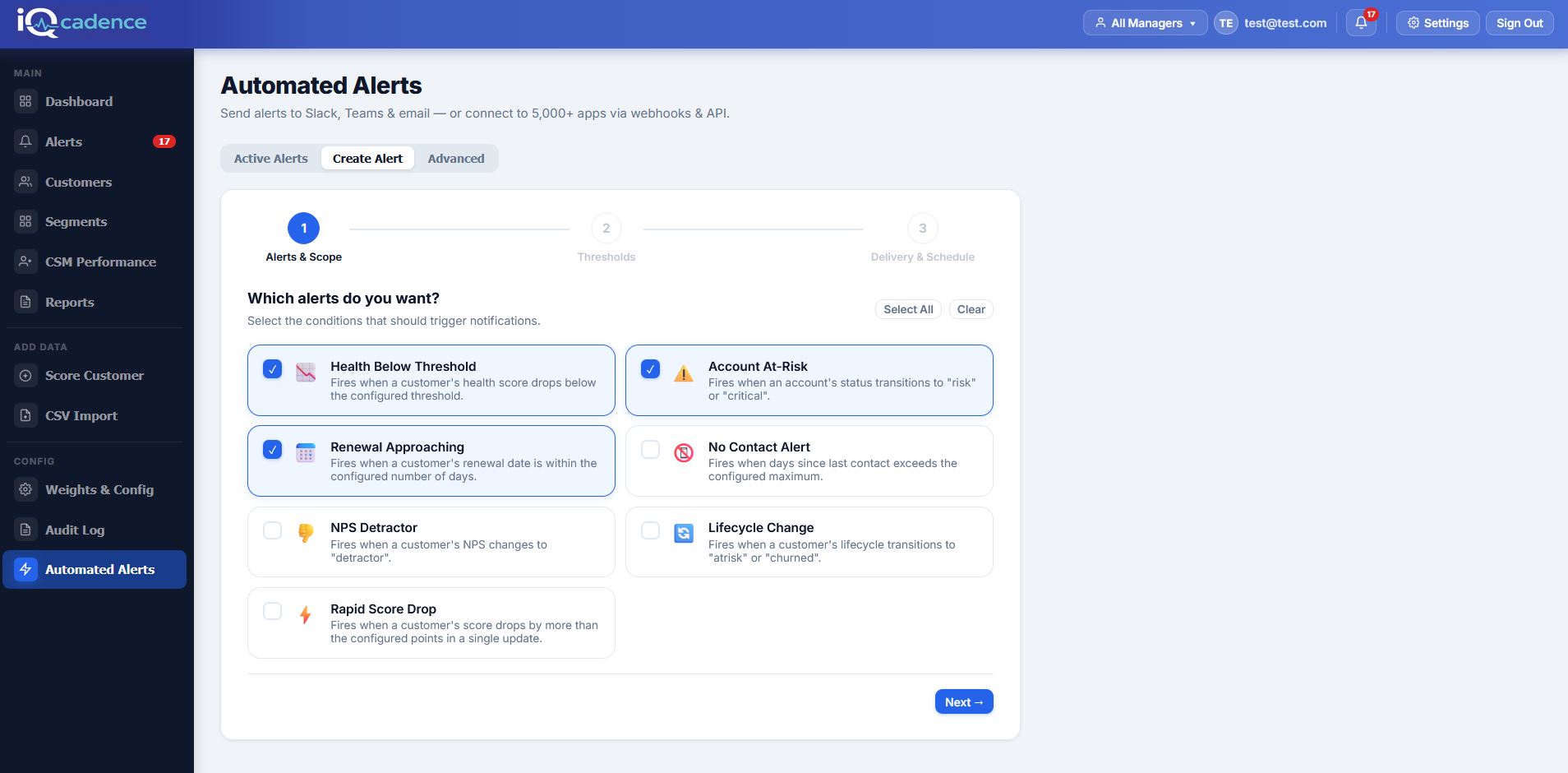 iQcadence automated alerts  - prioritized health, support, and renewal notifications