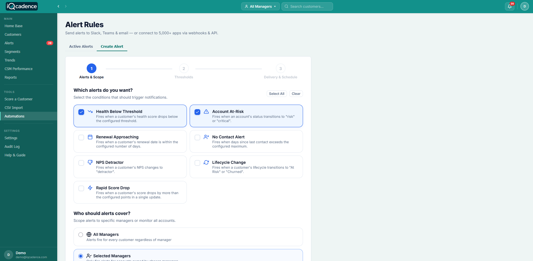 iQcadence Automated Alerts - configure alert triggers for health, renewals, and engagement