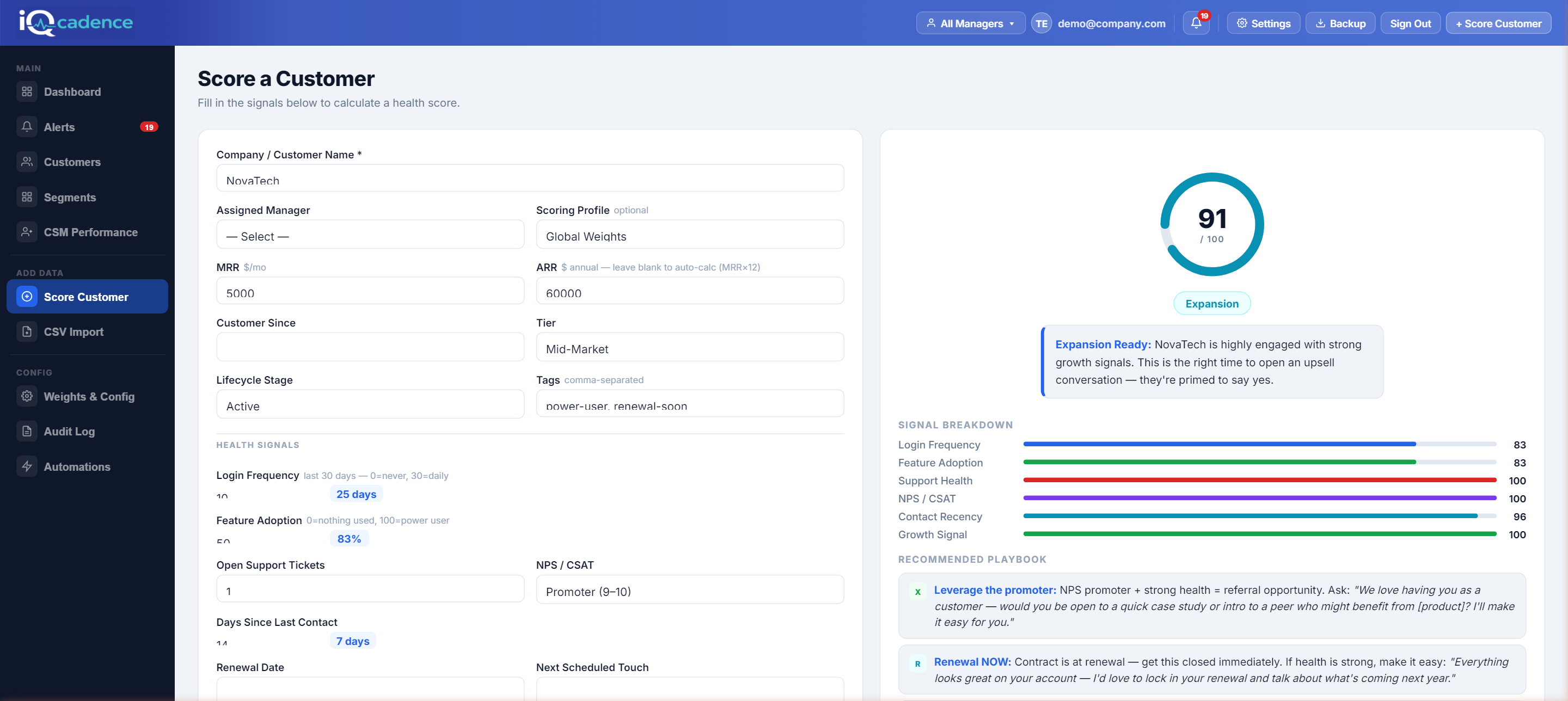 iQcadence Score Customer view — weighted health scoring with signal breakdown